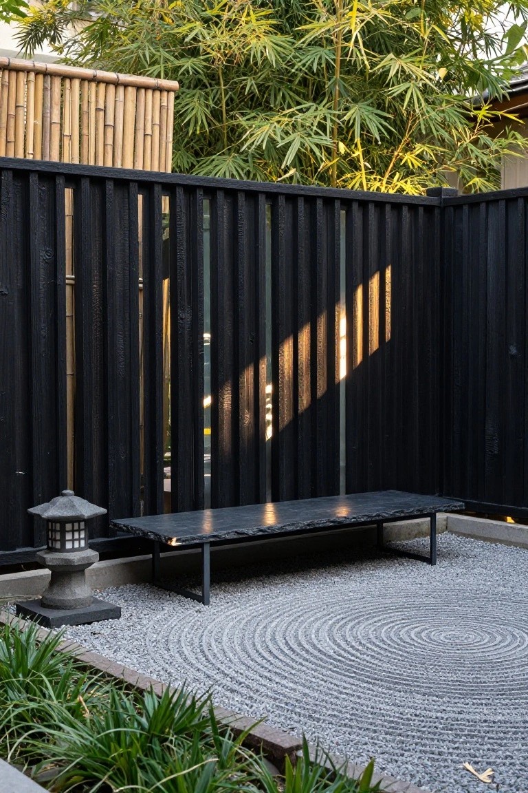 Black vertical slat wooden fence surrounding a zen garden space with raked gravel circle, low stone bench, stone lantern, and edging plants near bamboo screening.