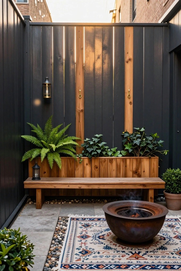 Enclosed courtyard with tall dark gray wooden slat fences accented by natural wood vertical beams and planters holding ferns and ivy, wooden bench, large copper fire pit on a patterned rug, lanterns, and potted plants on gray pavers and pebbles.