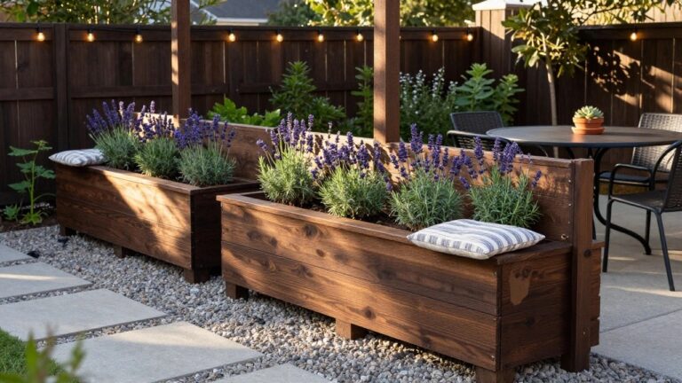 Tall wooden privacy fence with integrated bench seating and planter boxes containing lavender plants, alongside a small metal bistro table with wicker chairs on a paver and gravel patio, string lights along the fence top, and a pergola structure overhead.