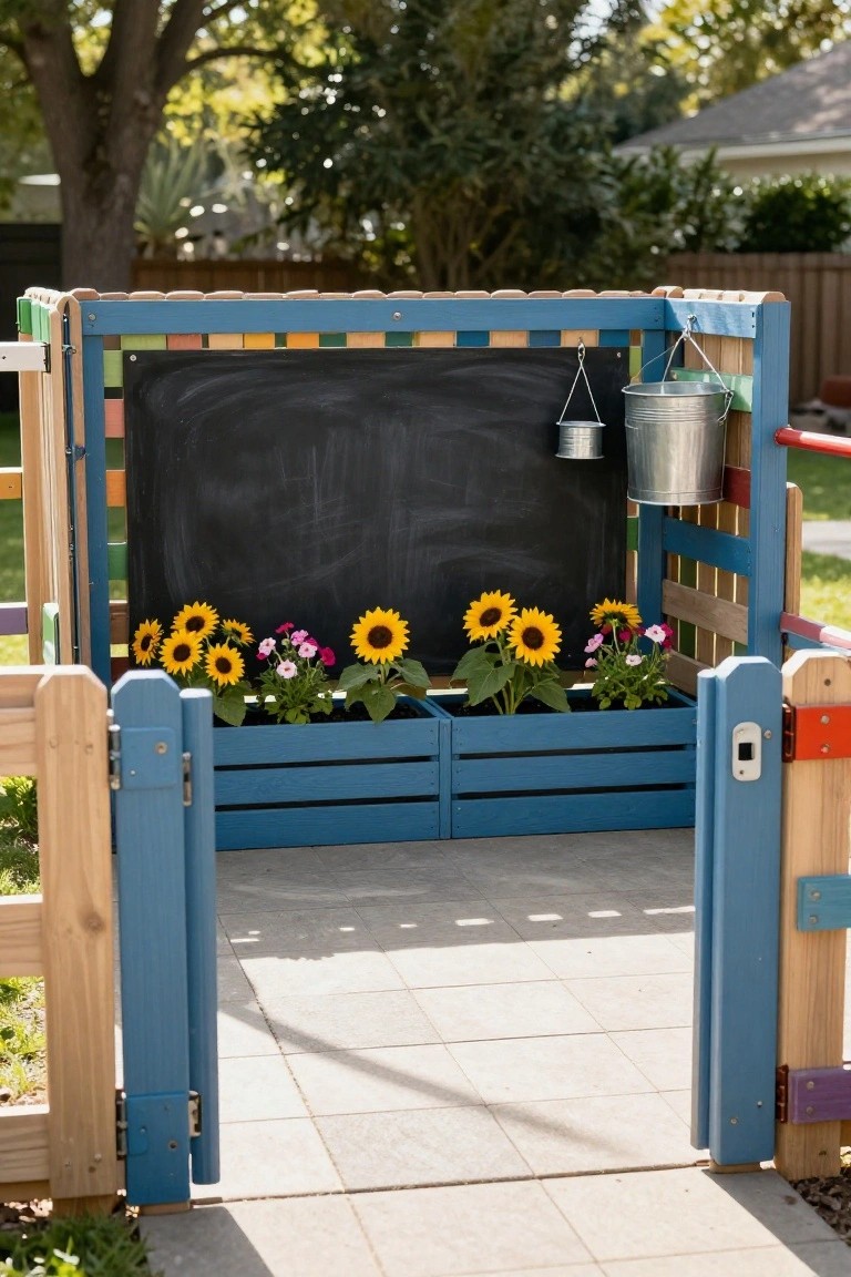 Outdoor wooden enclosure built from colorful pallet slats with blue framing, featuring a black chalkboard wall, hanging galvanized buckets, flower boxes filled with sunflowers and pink flowers, and a blue wooden gate in a backyard with grass and trees.