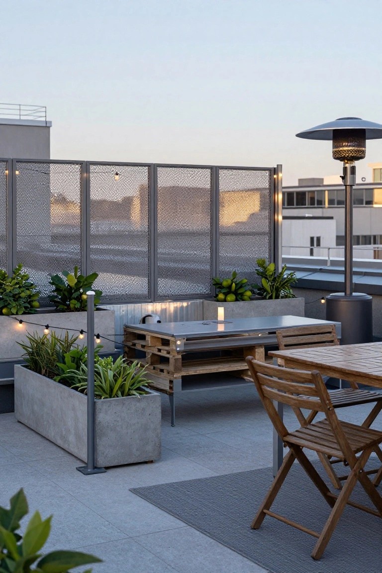 Rooftop terrace with tall gray metal mesh privacy screens, wooden pallet coffee table, potted plants, wooden chairs, string lights, patio heater, and concrete flooring.