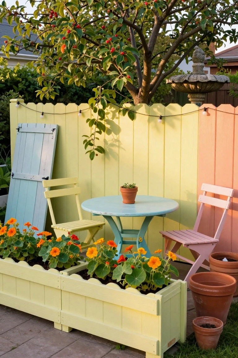 Backyard patio with yellow and pink scalloped wooden privacy fence strung with bulb lights, turquoise round table, yellow and pink chairs, orange marigold planters, terracotta pots, and a crabapple tree overhead.