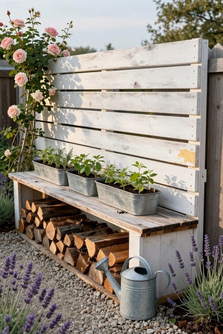 Whitewashed slat pallet wood privacy fence integrated with a bench that stores firewood underneath and holds three metal pots of young plants on top, with climbing pink roses, lavender plants, and a metal watering can nearby on gravel ground.
