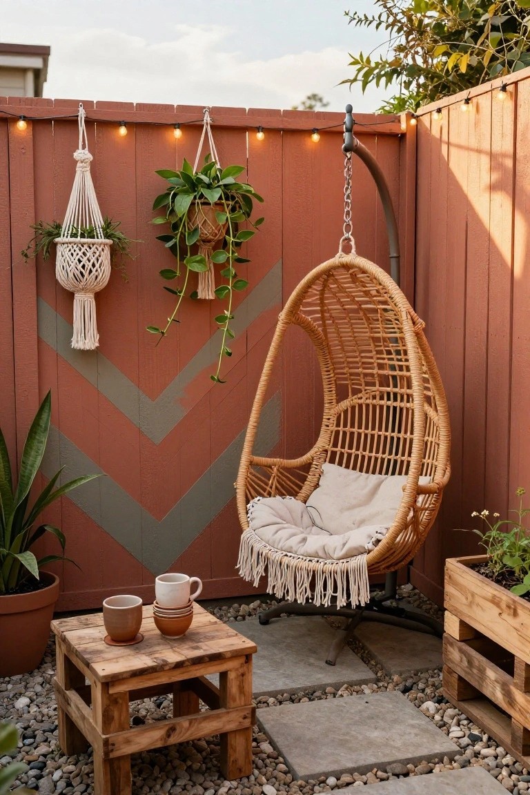 Corner of backyard patio featuring tall wooden privacy fence painted terracotta with gray chevron stripes, hanging woven egg chair with cushions, small wooden side table holding ceramic mugs and bowls, macrame plant hangers, potted plants, string lights, and wooden planter box on pebbled pavers.