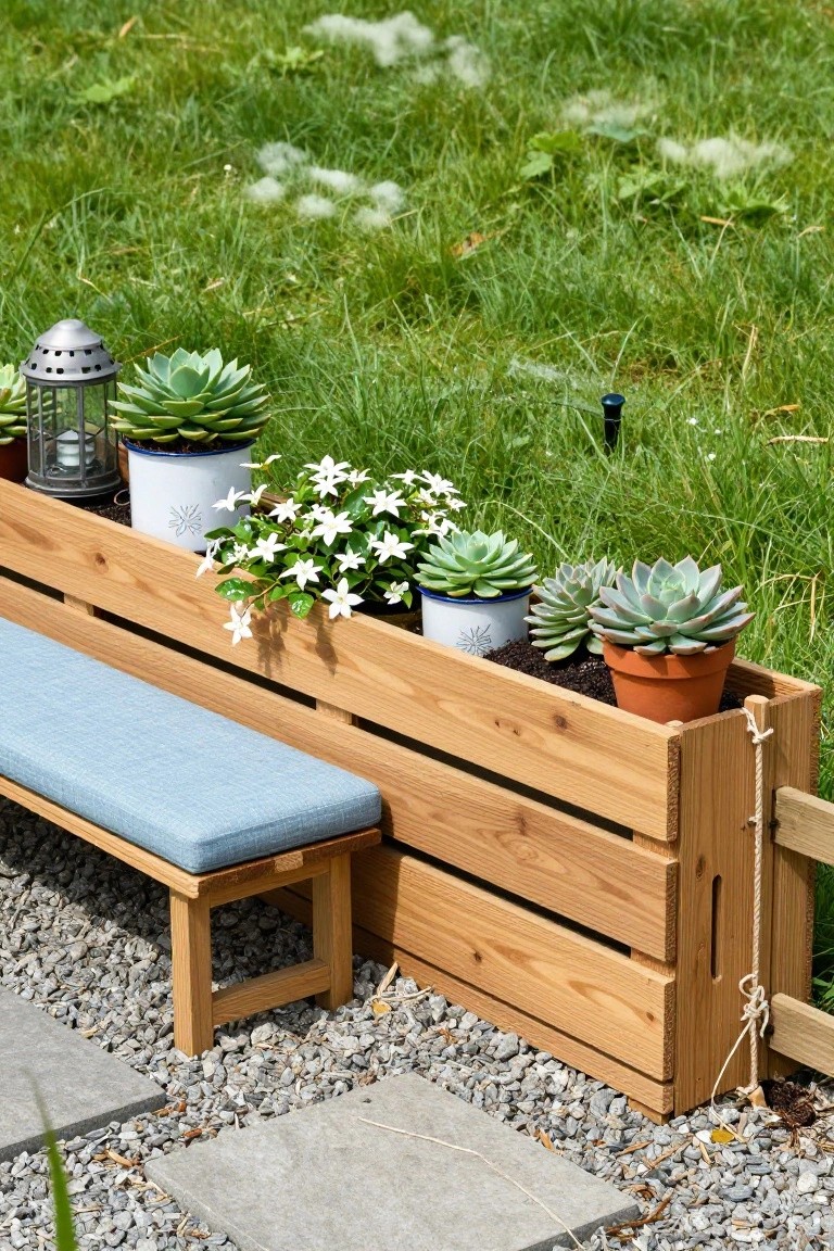 Wooden crate-style planter box filled with succulents, white flowers, and potted plants, with a blue cushioned bench attached to its side, positioned on gravel next to grass and a short rope fence.