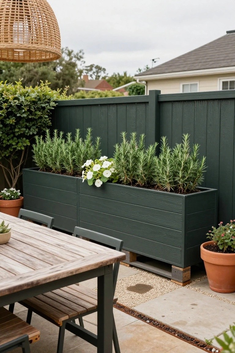Dark green slatted wooden privacy fence beside a matching rectangular wooden planter box filled with rosemary plants and white flowers, next to a wooden patio table with green chairs and potted plants on a concrete patio.