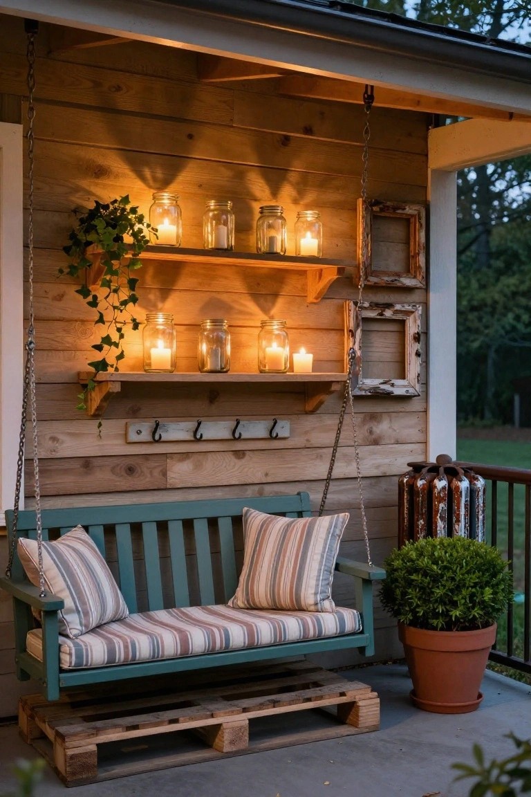 Green wooden porch swing with striped cushions hanging from chains against a vertical pallet wood privacy wall with floating shelves holding mason jar candles, ivy plants, and picture frames, next to potted plants on a wooden porch deck with pallet platform base.