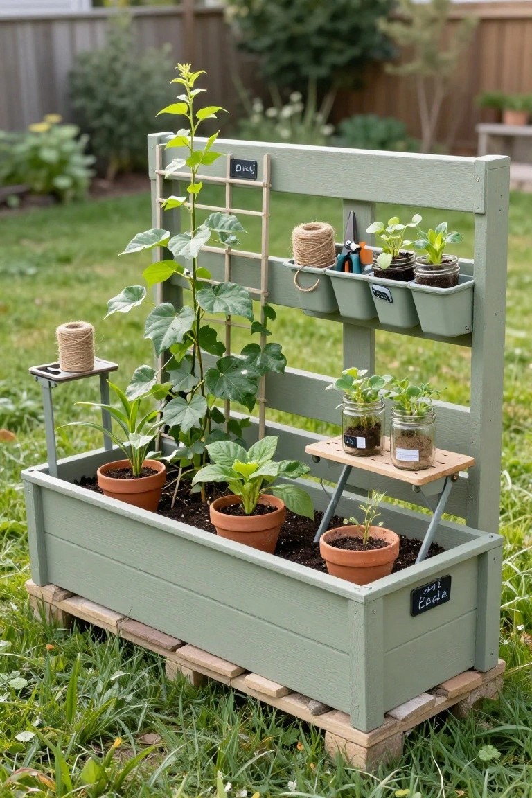 Sage green wooden pallet structure built as a vertical garden with trellis, shelves holding pots and tools, and a bottom planter box in a grassy backyard.