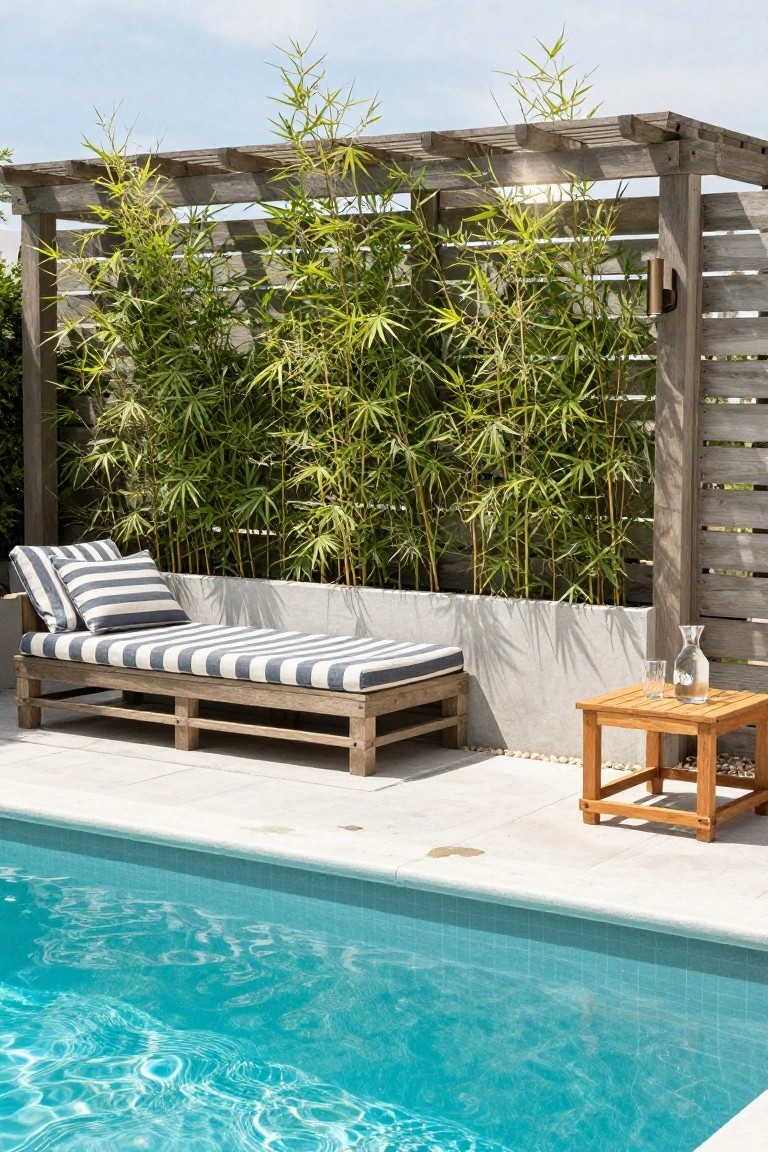 Wooden pergola structure with dense green bamboo providing privacy beside a striped lounge chair, small wooden side table with glasses and water pitcher, and edge of a turquoise pool on a light deck.