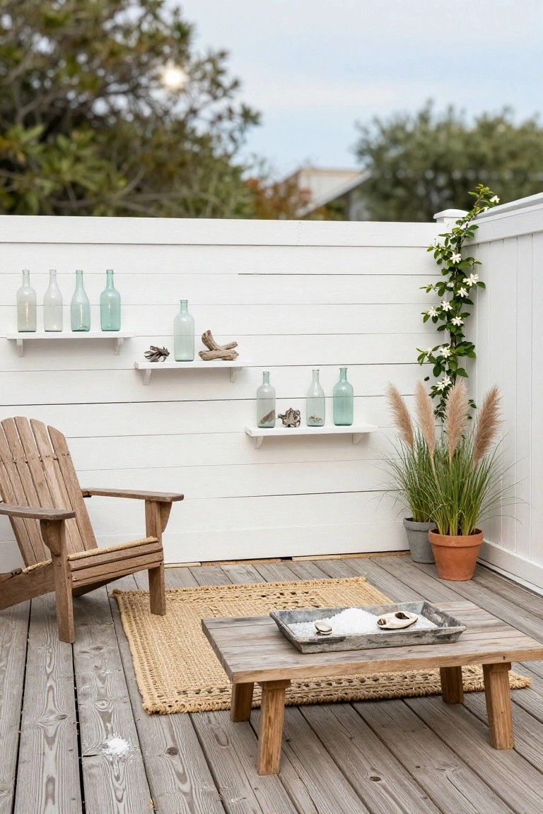 Wooden deck with Adirondack chair on seagrass rug, low wooden coffee table holding metal tray of shells and salt, white vertical board privacy fence with floating shelves displaying blue bottles, driftwood, shells, and potted pampas grass and ivy.