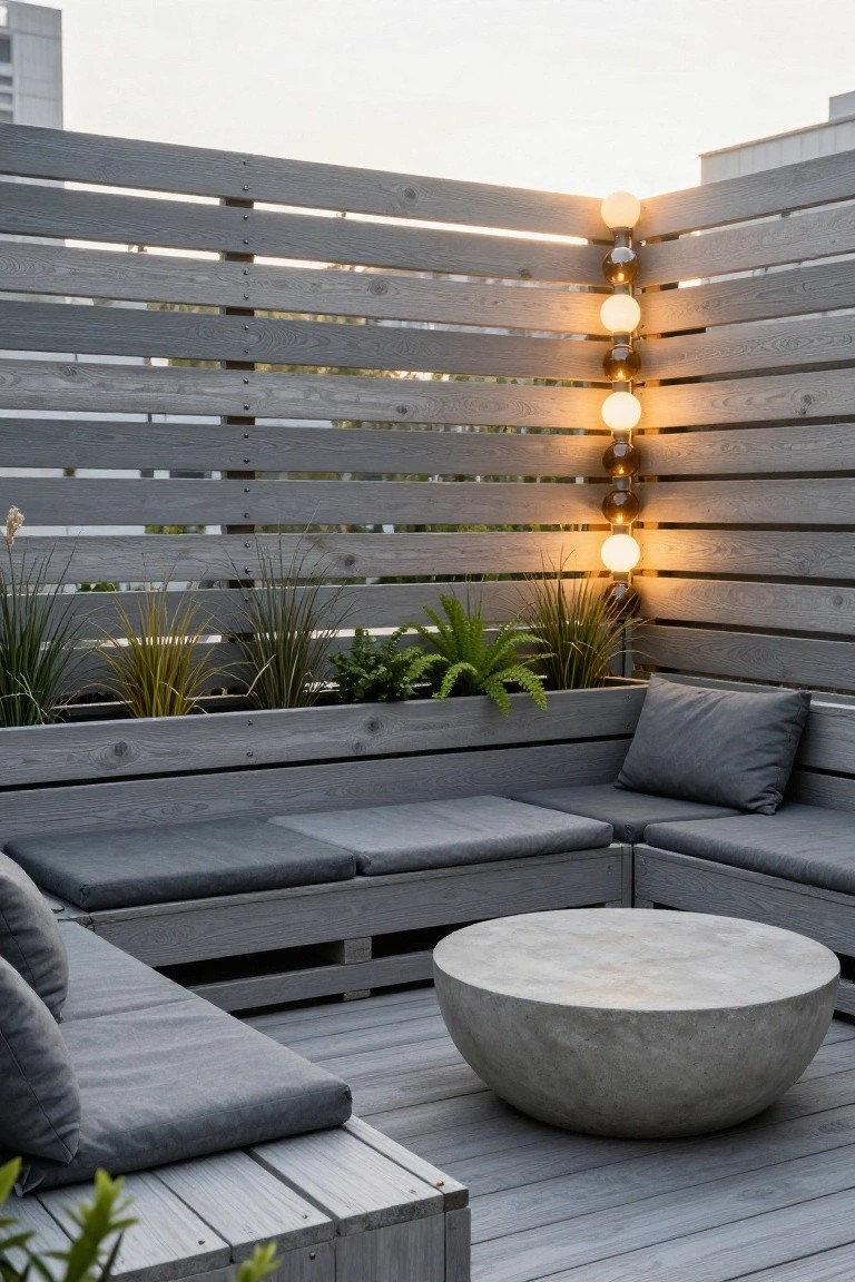 Rooftop deck with gray horizontal slatted wood privacy fences forming L-shaped built-in seating area, potted grasses and ferns, globe wall lights, gray cushions, and round concrete table on wooden decking.