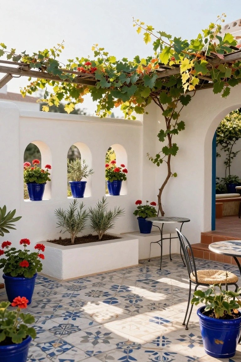 White stucco walls with three arched niches holding blue pots of red geraniums, wooden pergola draped in green grapevines overhead, small metal table and woven chairs on blue and white patterned tile patio floor, scattered potted plants.