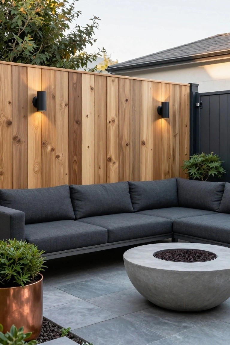 Tall wooden slat privacy fence with black wall-mounted uplights surrounds a gray L-shaped outdoor sofa and round concrete fire pit on gray pavers, with potted plants nearby.