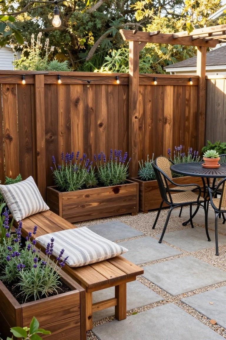 Tall wooden privacy fence with integrated bench seating and planter boxes containing lavender plants, alongside a small metal bistro table with wicker chairs on a paver and gravel patio, string lights along the fence top, and a pergola structure overhead.