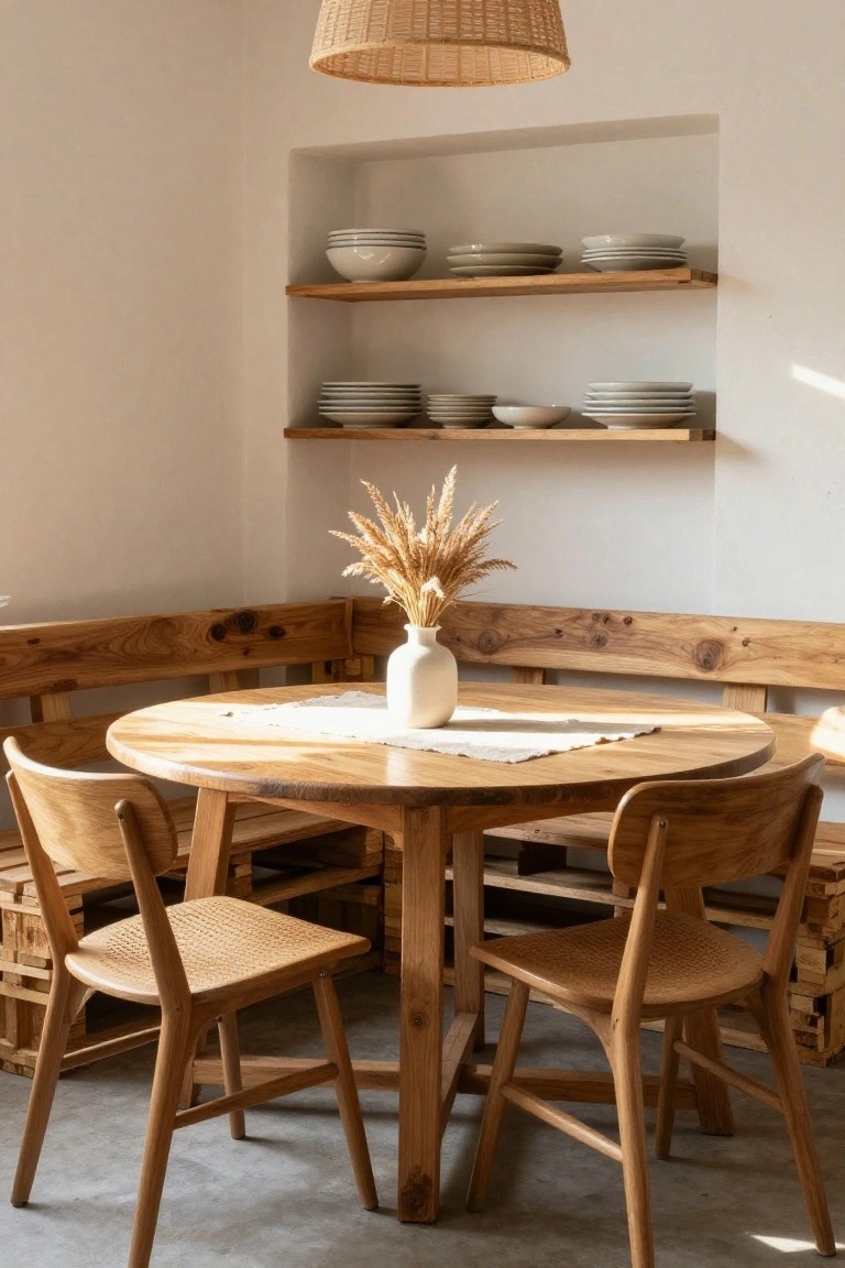 Wooden corner bench seating around a round wooden table in a light-filled dining nook, with rattan chairs, a white vase of pampas grass on a linen runner, shelves holding stacked white plates, and a rattan pendant lamp overhead.