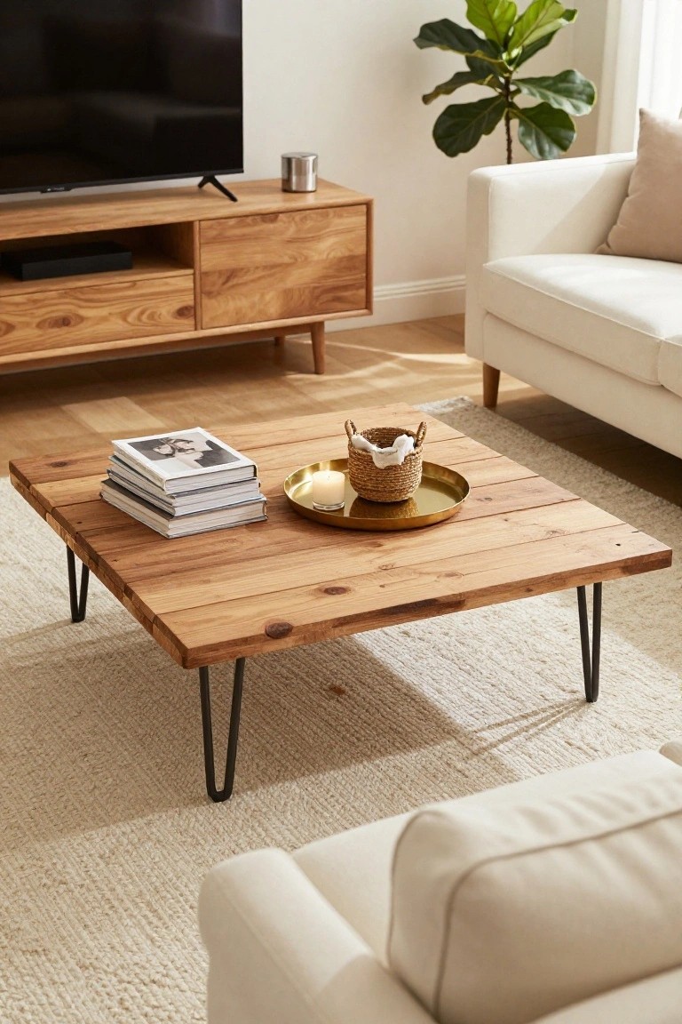 A cozy living room with a wooden media console under a wall-mounted TV, a square coffee table made from rough wood planks on black hairpin legs holding stacked books and a gold tray with a basket, a white sofa, and a large green fiddle leaf fig plant.