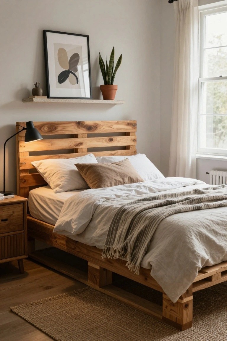 Cozy bedroom with wooden pallet bed frame and slatted headboard, black desk lamp on nightstand, white bedding with gray throw, snake plant on shelf, and light gray walls.