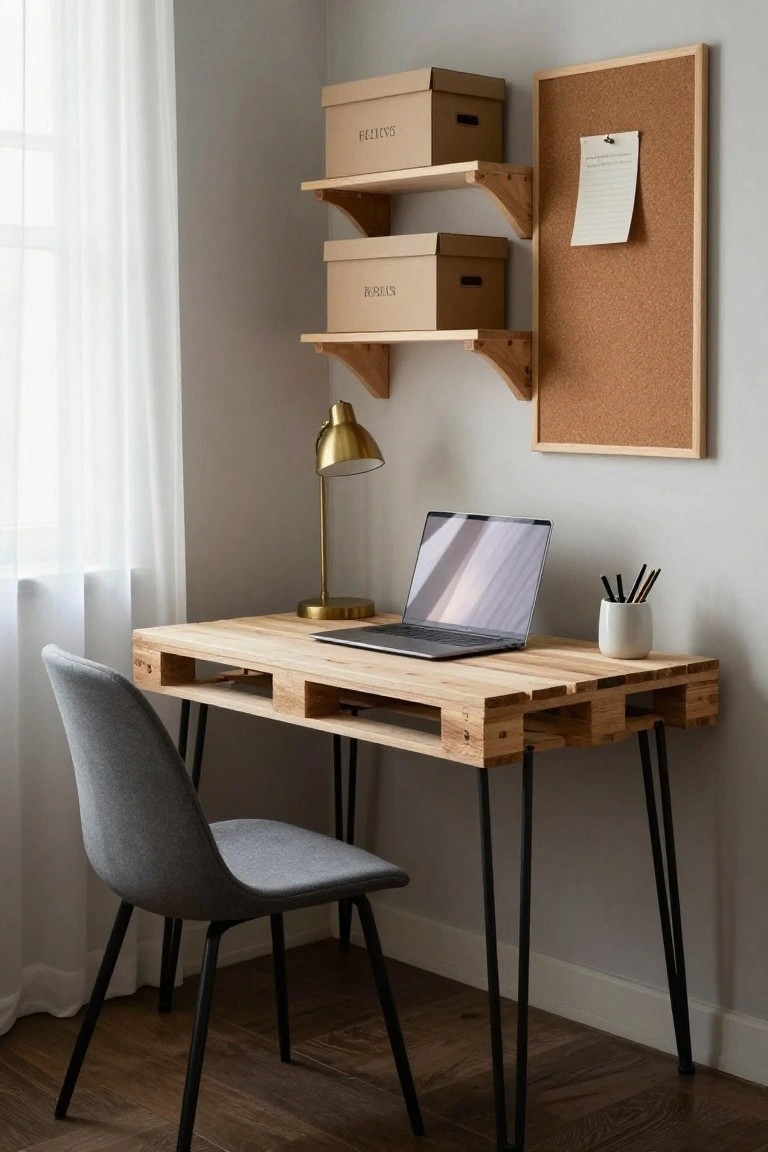 Cozy home office corner with a desk made from light wood pallet on black hairpin legs, gray fabric chair, silver laptop, gold desk lamp, white mug with pens, wooden wall shelves holding cardboard boxes, corkboard with note, near window with white sheer curtains.