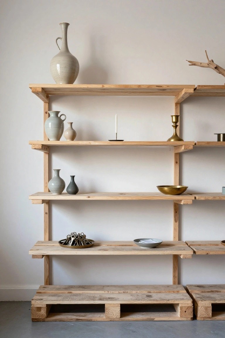 Tall wooden pallet shelving unit against a white wall displaying various gray and white ceramic vases and jugs, gold bowls and candlesticks, a small dish with brass keys, and a branch on top shelves, with two wooden pallets on the concrete floor below.