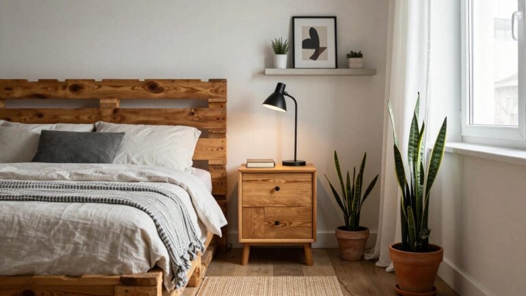 20 Beginner Pallet Projects That Build Confidence Fast Cozy bedroom with wooden pallet bed frame and slatted headboard, black desk lamp on nightstand, white bedding with gray throw, snake plant on shelf, and light gray walls.