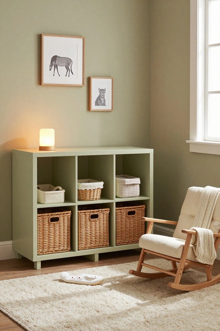 Corner of a light green nursery room featuring a wooden cube shelving unit with white and wicker baskets, a lit glass lamp on top, two framed animal prints on the wall, a cream fabric rocking chair with knit blanket, and a white shag rug on hardwood floor.