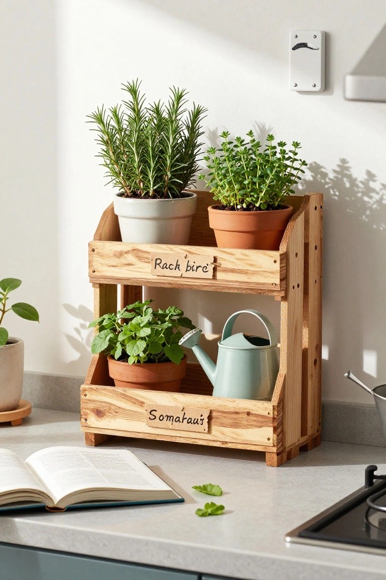 Wooden two-tier pallet rack on a kitchen counter holding potted rosemary, thyme, basil, and other herbs in white and terracotta pots, with a teal watering can and handwritten labels.