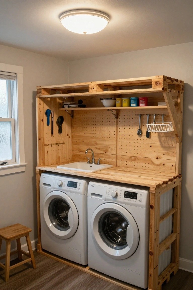 Wooden pallet framework enclosing two white front-loading washers and dryers in a laundry room, with a double utility sink on top, pegboard sides holding tools, open shelves with jars and baskets, and a small wooden stool nearby.