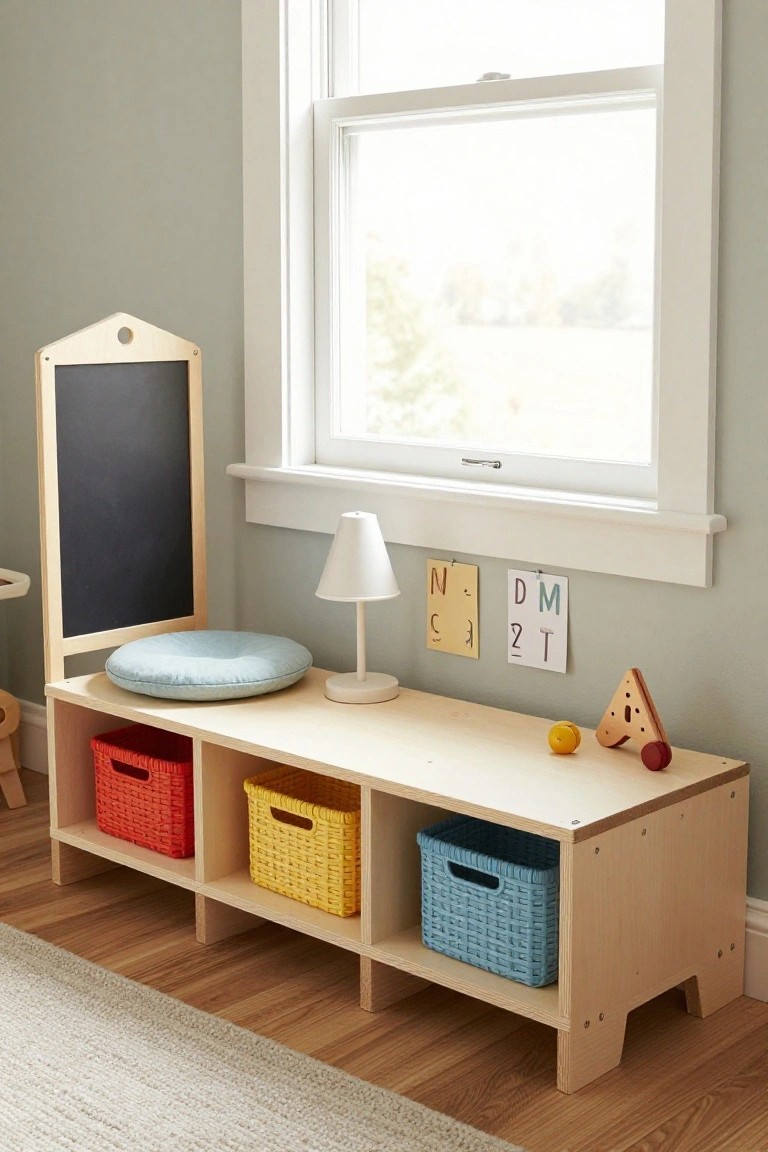 Wooden play bench with three cubby shelves holding red, yellow, and blue woven baskets, attached chalkboard easel, blue cushioned stool, small white lamp, toys, and wall-hung letter cards in a light gray room with window.