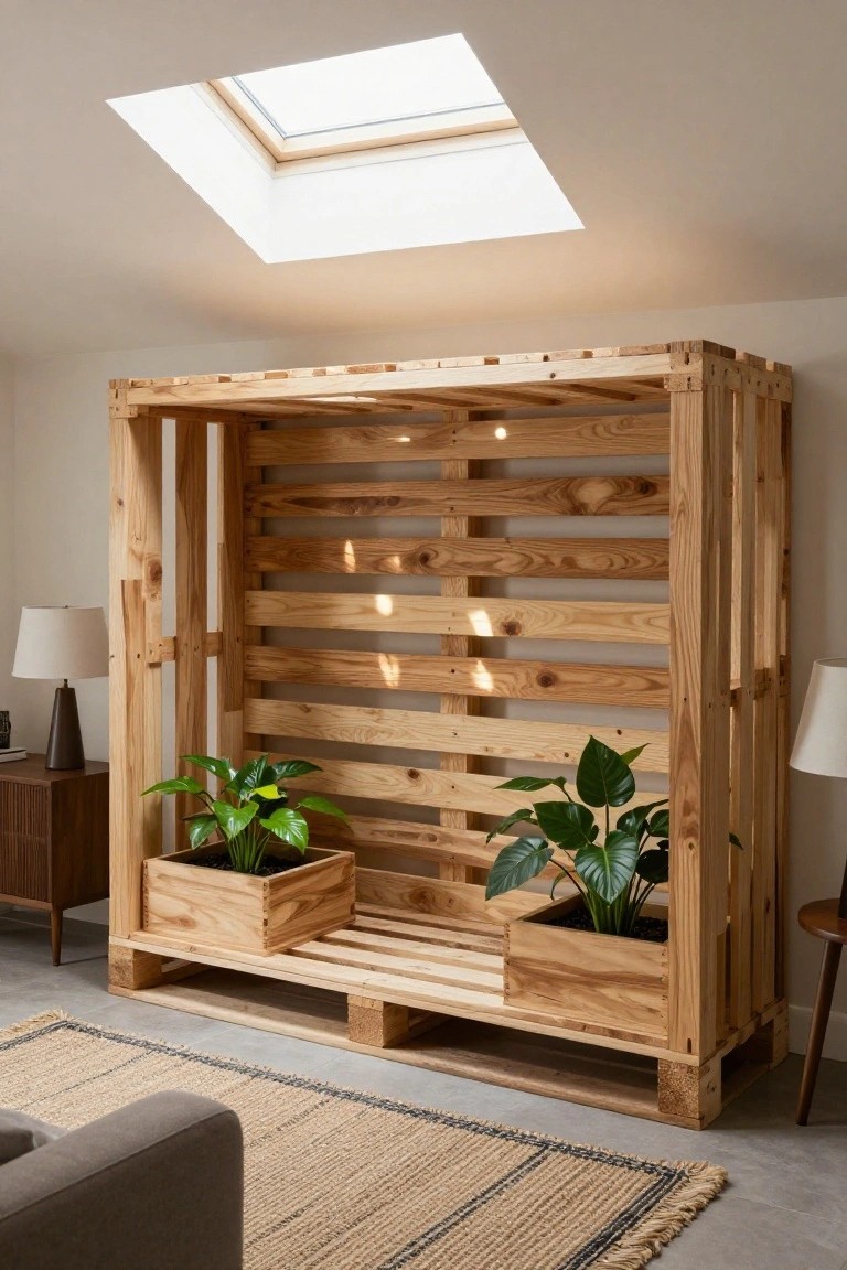 Tall freestanding wooden pallet shelving unit with horizontal slats against a white wall in a living room, featuring two integrated wooden planters at the bottom holding green leafy plants, flanked by lamps on side tables, with a gray sofa, rug, and skylight overhead.