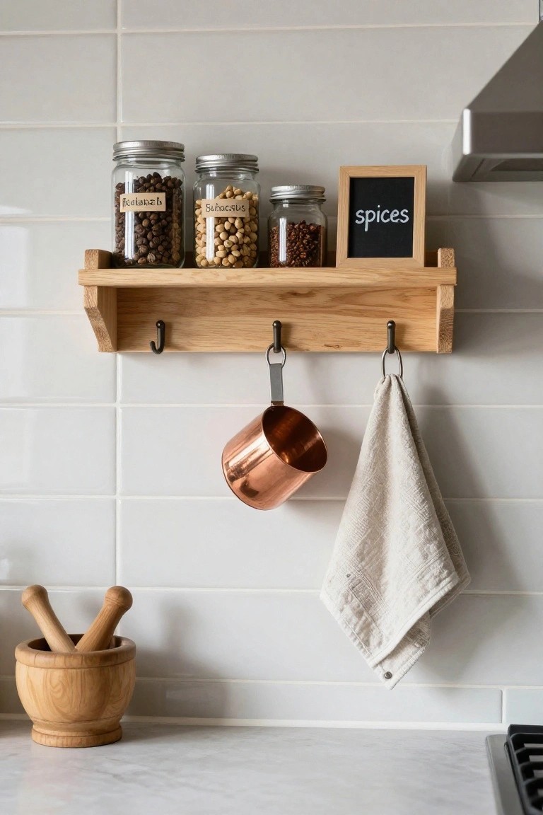Wooden wall-mounted shelf with three glass jars of spices labeled in Greek, a chalkboard sign reading