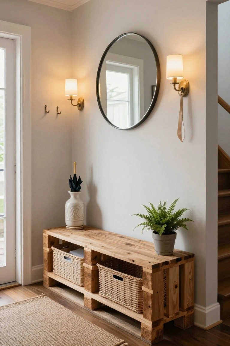 Wooden pallet bench with two wicker basket shelves in a beige entryway corner, next to a white umbrella vase, fern plant, round mirror, wall sconces, door, and stairs.