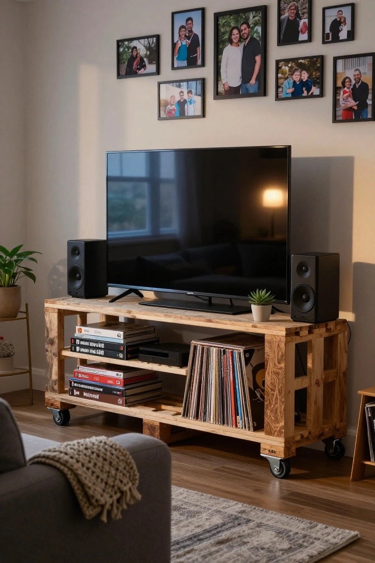 Wooden pallet TV stand on wheels holding a flat-screen TV, speakers, stacked books, DVDs, and vinyl records in a living room with beige walls, family photos, plants, and a gray sofa.