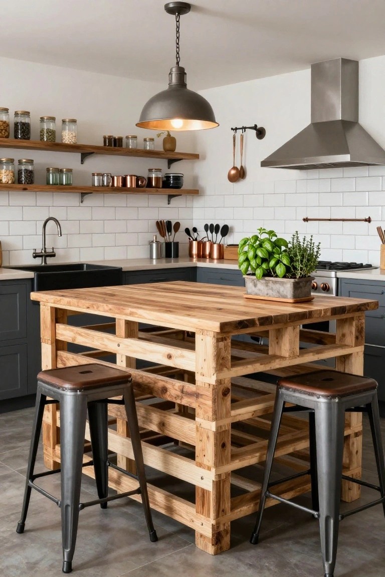 Kitchen interior with central wooden pallet island, gray lower cabinets, white subway tile backsplash, copper pots on wall rack, metal bar stools, and herb plants on the counter.