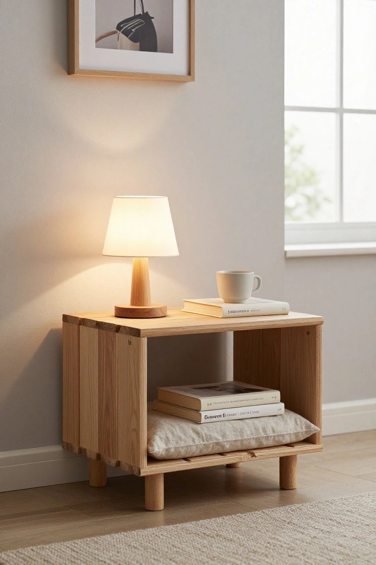 Wooden open-frame nightstand made from plank panels next to a window in a beige room, with a tapered wood lamp, white mug, and open book on top, books inside the shelf, and a white pillow in the bottom cubby.