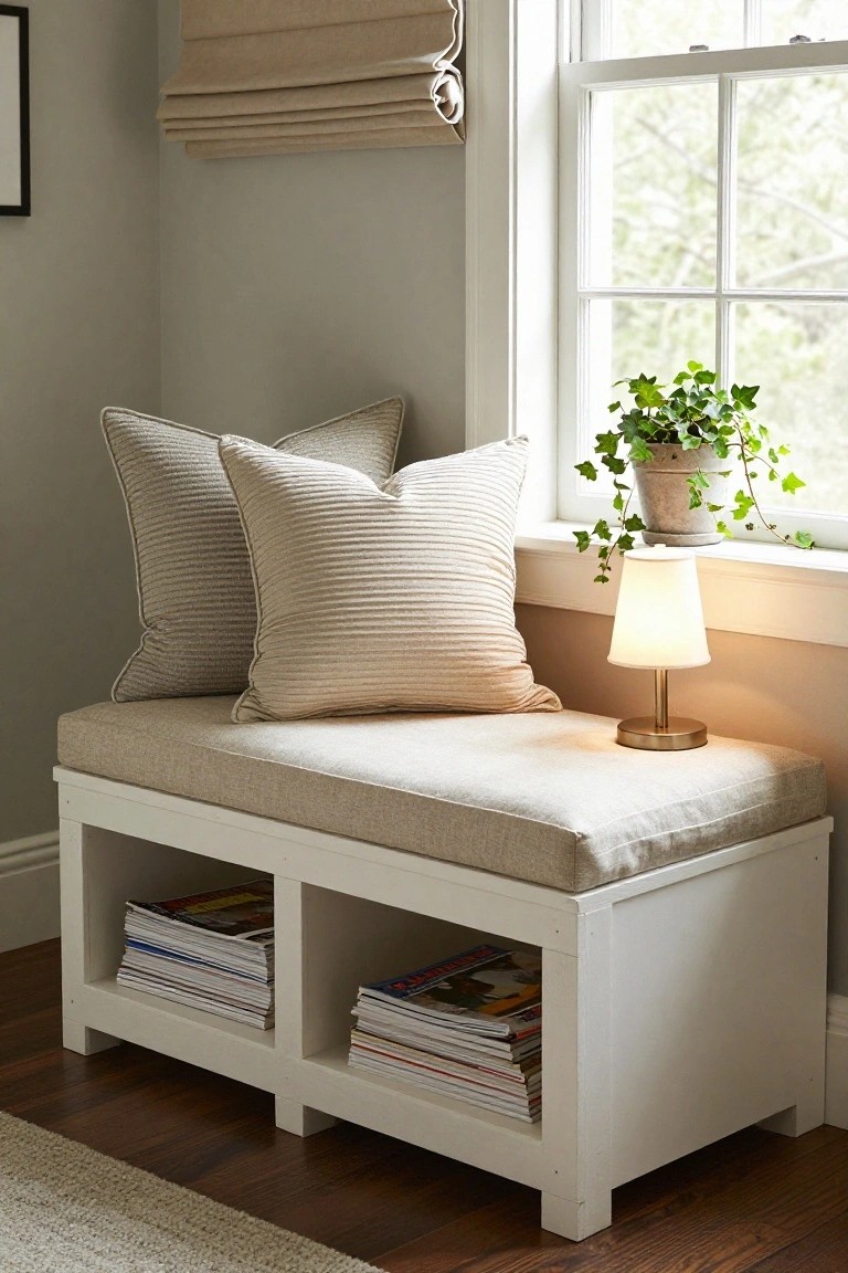 White wooden bench with beige cushioned seat and pillows under a window with beige blinds, open storage cubbies below holding stacked magazines, a small table lamp on the seat, and potted ivy plant on the windowsill in a light gray room corner.
