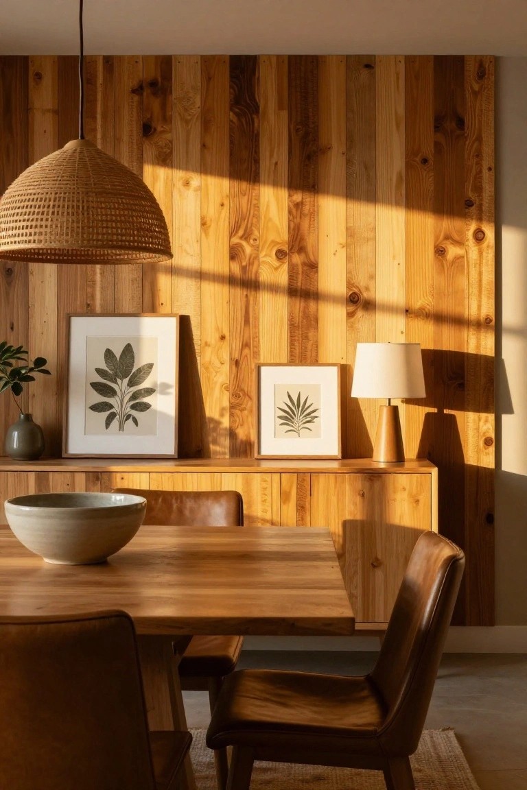 Dining area featuring a tall vertical wood plank accent wall in warm tones, wooden dining table with tan leather chairs, woven pendant light overhead, sideboard with plant artwork and lamp, and a white bowl on the table.