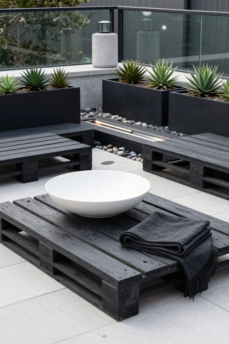 Rooftop terrace with black wooden pallet benches and coffee table holding a white bowl and gray throw, black planters of agave plants, linear fire pit with pebbles, and glass balustrade.