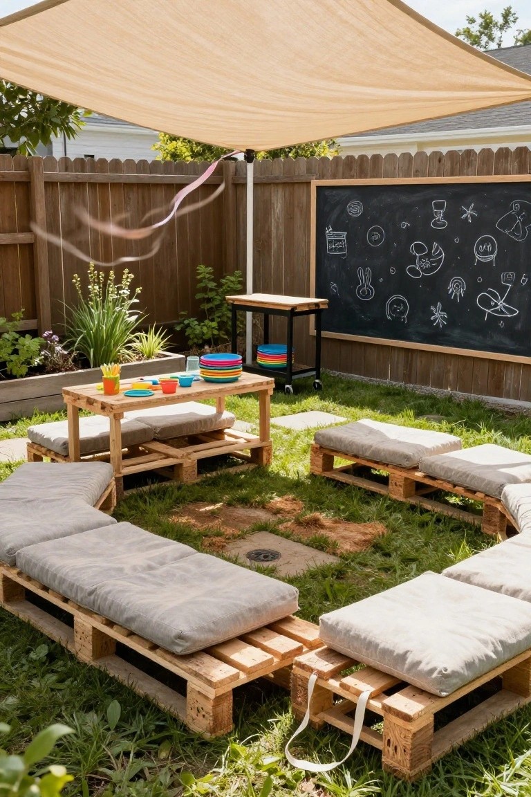 Backyard setup with wooden pallets arranged in a circle as low cushioned seats around a central pallet table, under a beige shade canopy, next to a serving cart with colorful plates and a chalkboard fence.