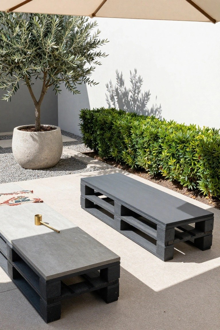 Outdoor patio with two gray pallet tables topped by concrete slabs, one large and one small, beside a potted olive tree, boxwood hedge against a white wall, beige umbrella overhead, and stone pavers on the ground.