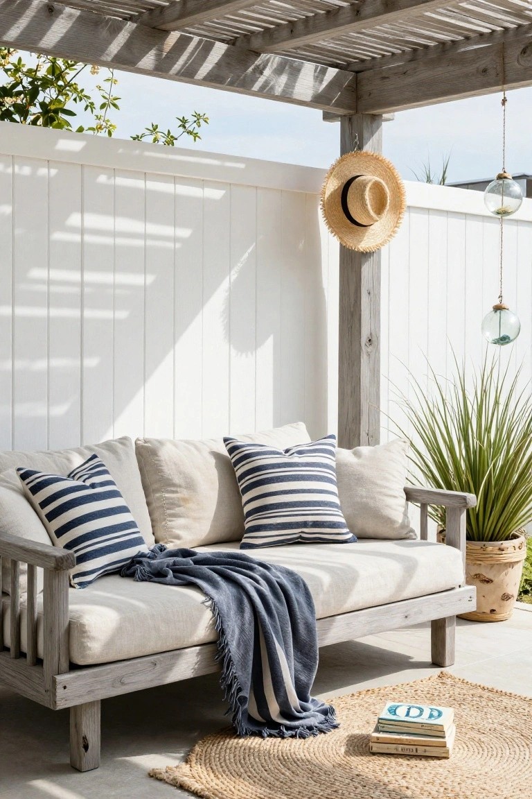 Weathered wooden daybed sofa with beige cushions, navy striped pillows, and fringed blue throw on a seagrass rug under a wooden pergola against a white board fence, with potted fan palm, hanging straw hat, and glass orb lantern.