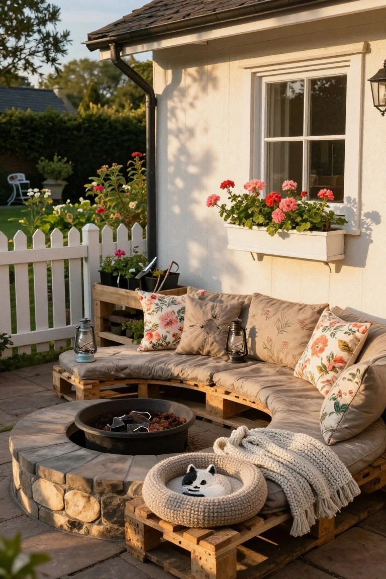 Outdoor patio featuring a curved bench made from wooden pallets with beige and floral cushions surrounding a black metal fire pit on stone base, beside a white house wall with window box geraniums, potted plants, lanterns, and a crocheted pet bed with a white dog.