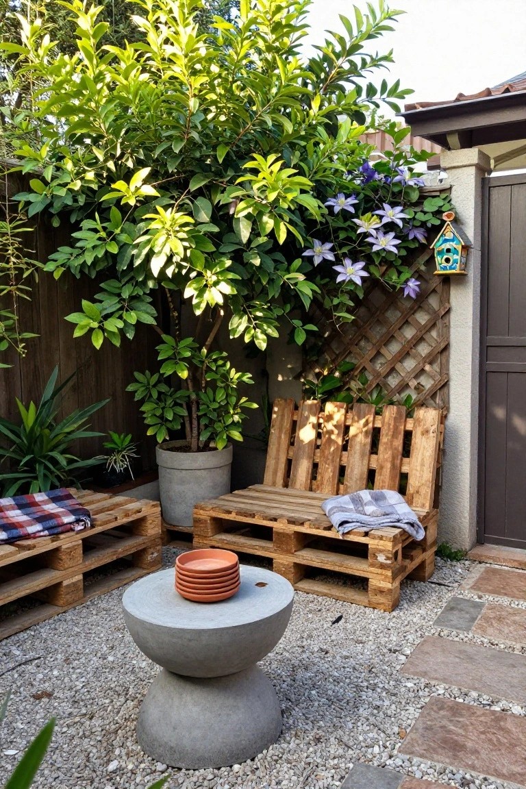 Backyard patio with wooden pallet benches covered in plaid and checkered blankets, a gray concrete pedestal table topped with stacked terracotta plates, a potted schefflera tree, and greenery including clematis on lattice beside a gate.