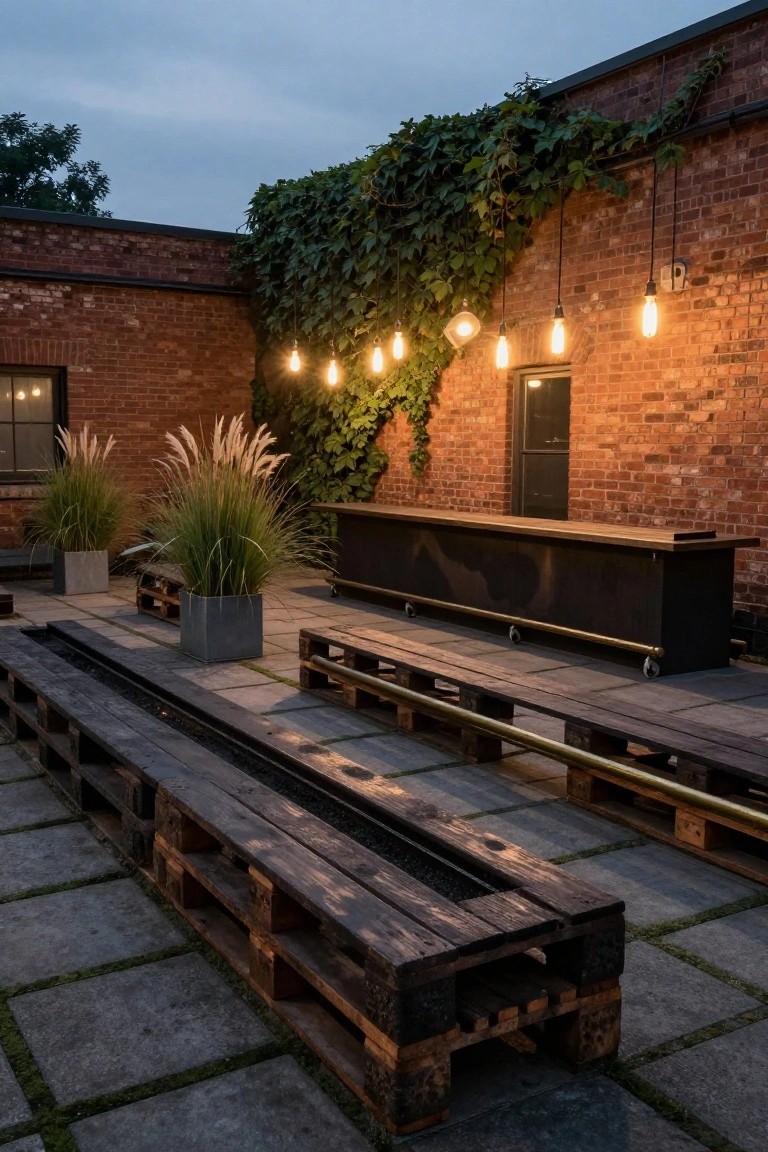 Outdoor courtyard patio with brick walls draped in ivy, a long wooden bar counter on wheels, tall pampas grass in metal pots, multiple pallet wood benches, and hanging Edison bulb lights overhead.