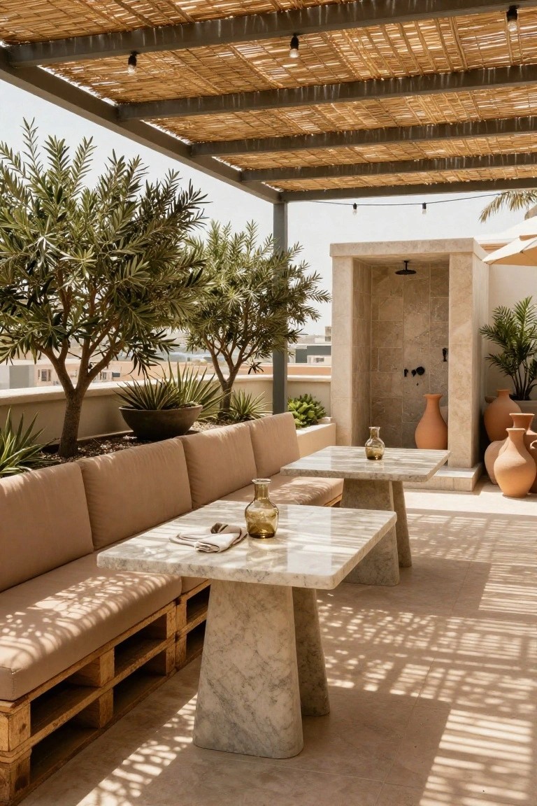 Rooftop terrace with beige cushioned bench built on wooden pallets, two marble pedestal tables, terracotta pots, potted olive trees and agave plants, stone outdoor shower enclosure, under a thatched metal pergola with string lights.