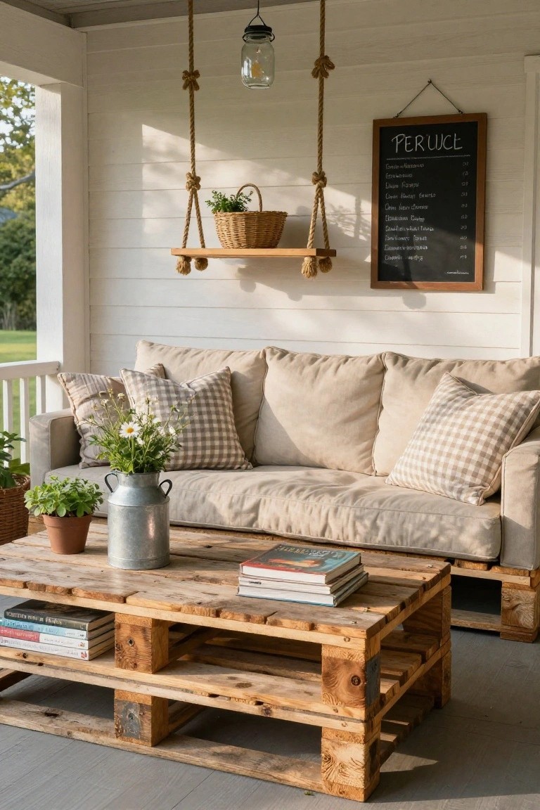 Outdoor porch with beige sofa piled with pillows and flowers in a metal bucket, wooden pallet coffee table stacked with books, plants in pots and galvanized bucket nearby, hanging rope lantern and shelf with basket, and chalkboard sign labeled 