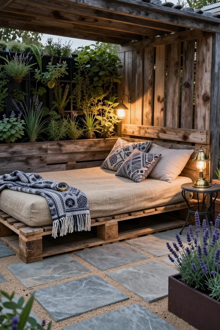 Wooden pallet daybed with beige mattress, patterned pillows, gray throw blanket, and brass lamp on a metal side table, set in an outdoor patio enclosed by pallet walls with potted plants and lavender under a pergola on gray stone pavers.