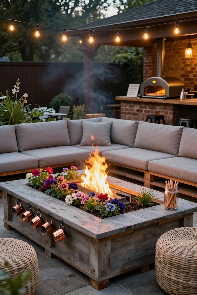Wooden pallet-style fire pit table with central flames surrounded by potted flowers, gray L-shaped outdoor sofa, hanging copper mugs, string lights, and pizza oven in the background on a patio.