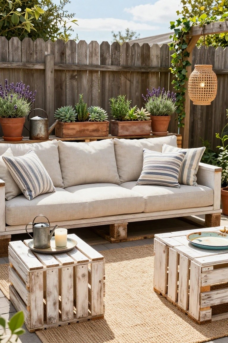 Outdoor patio with a low beige pallet sofa topped with striped and neutral pillows, two white wooden crate tables, potted plants including lavender and succulents, metal watering cans, a hanging woven lantern, and a jute rug, all against a wooden picket fence.