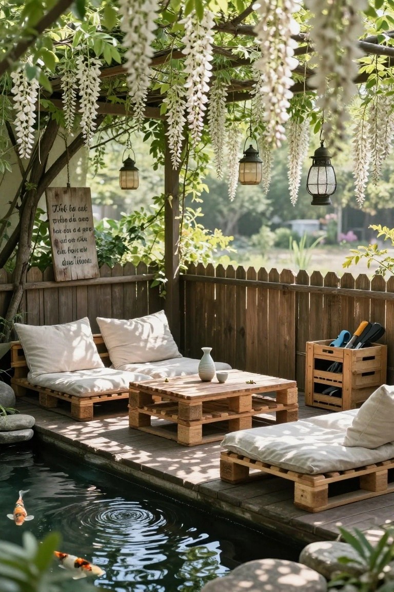 Wooden pallet platforms with beige cushions form benches and a lounger on a deck beside a small koi pond, under a pergola draped in white wisteria vines with hanging lanterns and a wooden fence in the background.