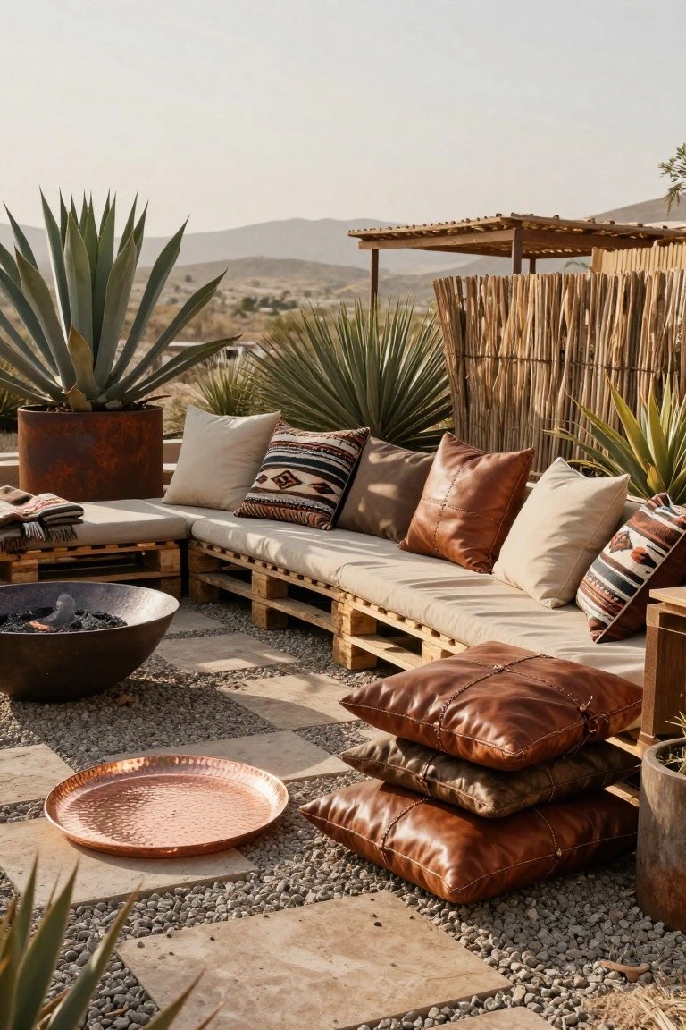 Outdoor patio with L-shaped seating made from stacked wooden pallets covered in beige fabric, brown leather, and patterned cushions, a round metal fire pit, potted agave plants in rust-colored pots, copper tray on gravel floor, bamboo fencing, and desert mountains in background.